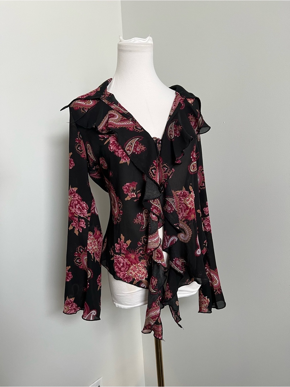 Sheer Floral Paisley Ruffle Blouse Boho Bell Sleeve Top Black Pink S/M - Picture 3 of 5